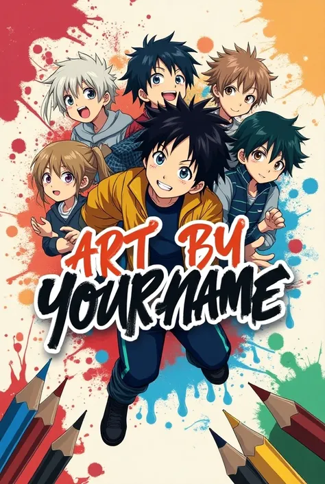 
Design a vibrant YouTube banner for a drawing channel. The banner should feature an artistic background that includes colorful sketches and illustrations of popular anime characters, such as Asta from Black Clover. Include the channel name "Art by [Your N...