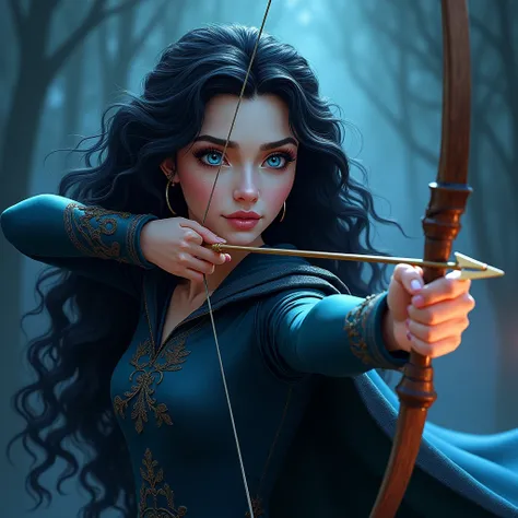 Style Drawing of a beautiful woman EUROPEAN FEATURES OF VERY LONG SILKY JET BLACK HAIR and 
BLUE Eyes, wearing a PRINCESS MERIDA costume WITH A black cape with a hood ,  while she is POINTING WITH A BOW AND ARROW background of a dark glowing light shows cl...