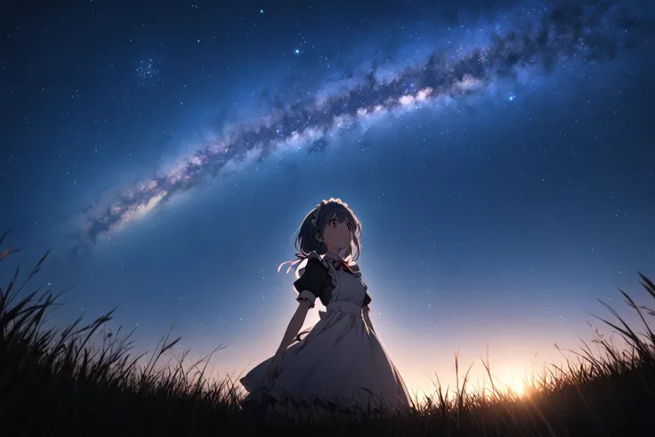 score_9, score_8_up, score_7_up, source_anime, anime-style illustration, Beautiful starry sky, milky way, A cute little maid girl looking up at the night sky, wide-angle lens, Grassland, From below, backlighting, low-key, silhouette, dark,