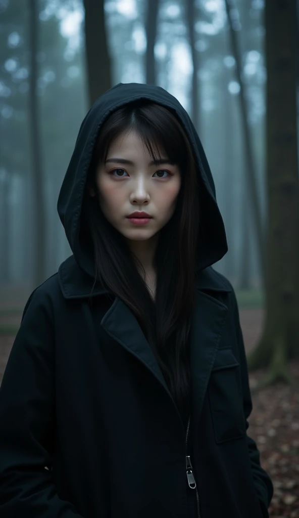 Ultra high quality, artistic, UHD, The artwork contains elements of a dark and brooding design,an East-Asian woman, glamorous makeup,night forest, ((straight on)), black hooded coat, soft breeze, serene, dreamy, mystical glow, tall trees and woods , deep f...