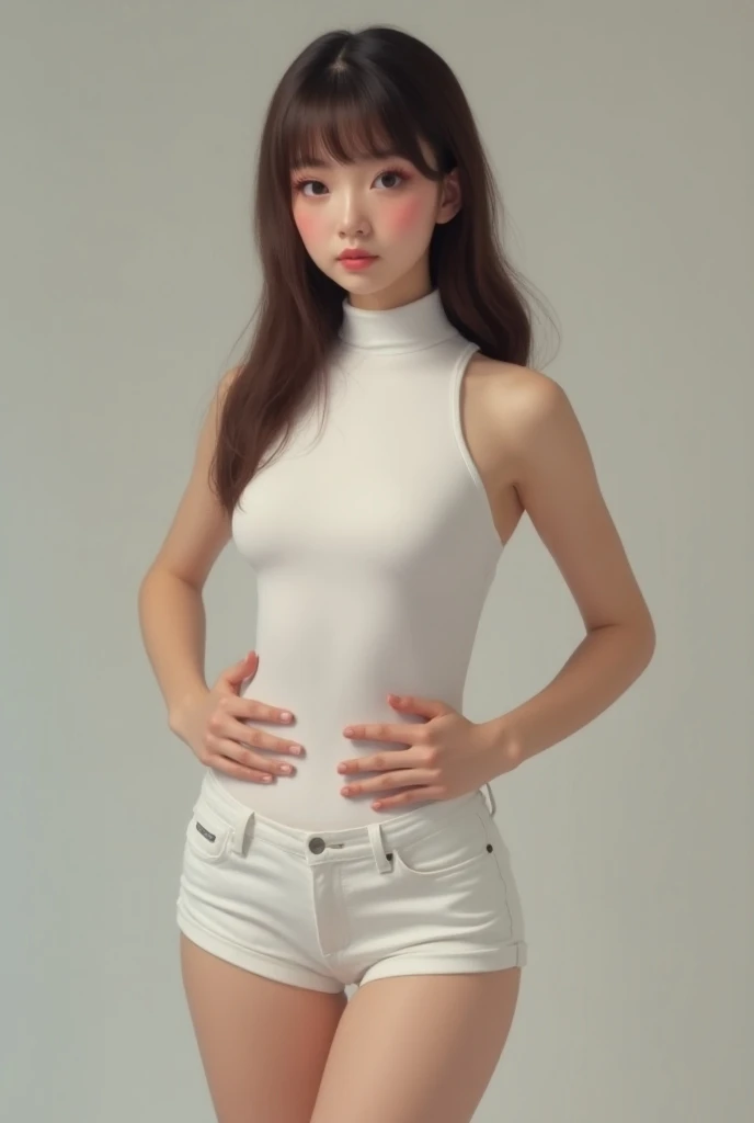 (Realistic), (masterpiece), (full body portrait)female, teen, sex doll, white skin, brown hair, wearing a white sleeveless turtleneck, sleeveless, with a medium small chest, hands on hips, wearing shorts, side photo
