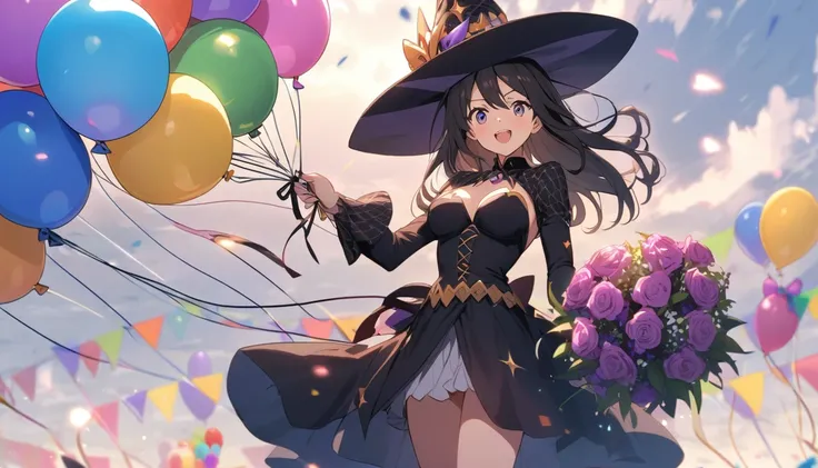 Anime witch woman holding a bouquet of helium balloons