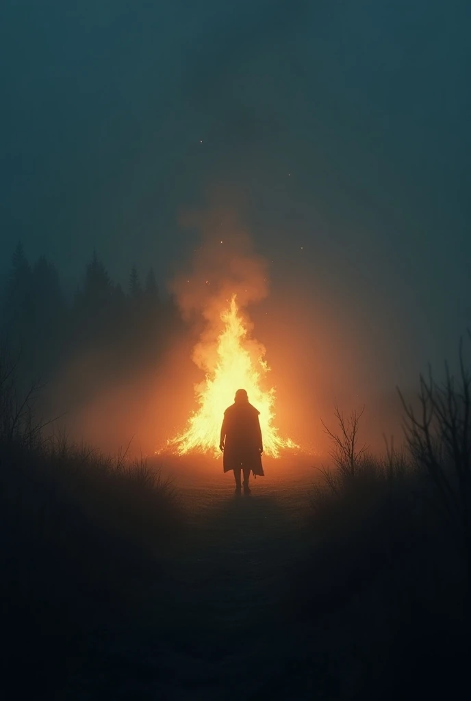 night, bonfire, take the key, Fog without people 
