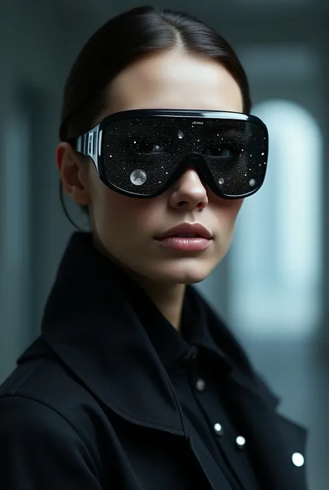 The model wears glass sunglasses, which depict stars and the moon