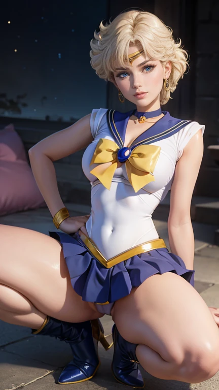 Sailor Uranus, very beautiful, blue eyes, big breasts , shapely legs, large buttocks, very short wavy blonde hair, sci-fi background ((big breasts, dressed in a Sailor Senshi Uniform, Sailor collar, chest bow, ankle high boots)), posing very sexy, posing a...