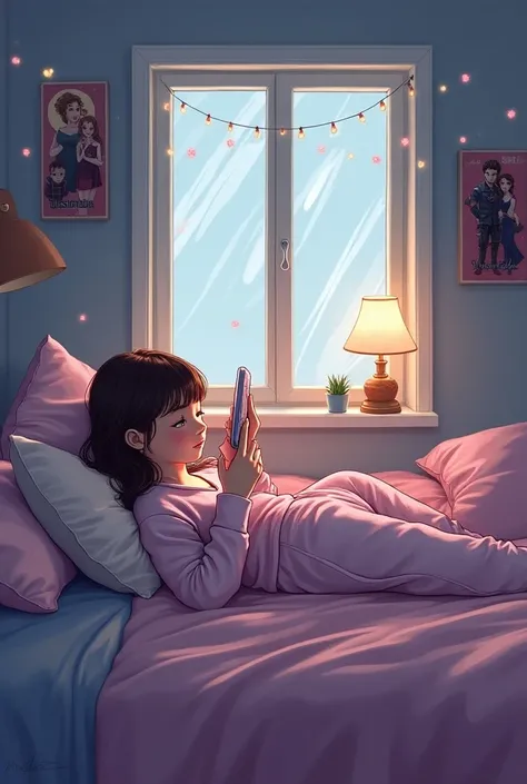 Draw a girl lying on her bed, surrounded by fluffy pillows, ((window on background)), wearing comfortable pajamas while playing on her cell phone.  ((full body)) her room is decorated with fairy lights and posters of her favorite movies on the walls.