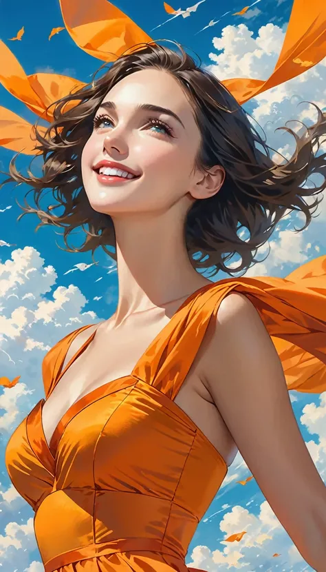 masterpiece, best quality, Stills, 1 Girl Gal Gadot, Cloudy air, cloudy Girl Gal Gadot, Wearing a Orange Coronation Dress, cloud, Floating in the air, (close up:1.1), bright, Happy, pleasure, , Soft Vivid Blue lightin, (Bauhaus, White wind, Blue cloud:1.1)