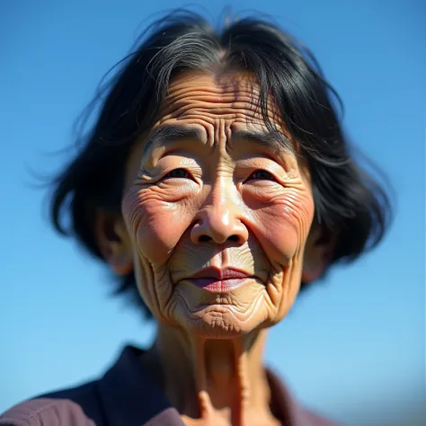 (Best Quality) elder, Grandma, Short Hair, Wrinkled、Black hair、blue sky、Japanese