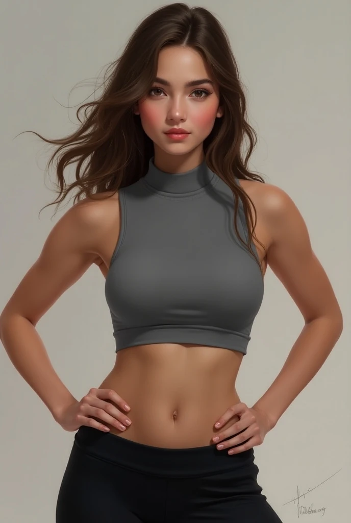 (Realistic), (masterpiece), (full body portrait)female, teen,  , white skin, brown hair, wearing a grey high neck sports bra, sleeveless, with a medium small chest, hands on hips, wearing a black trouser
