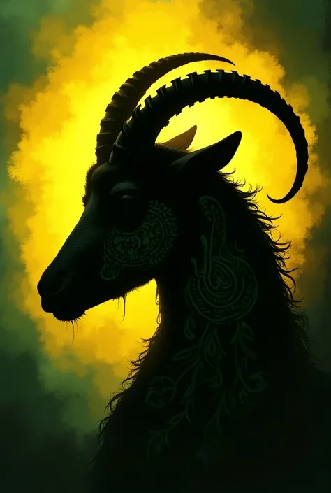 Silhouette of a goats head with yellow and green colors of symbols of the Yoruba religion Ifa Orunmila 