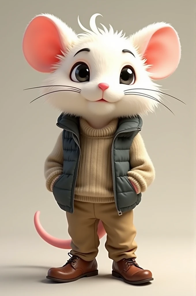 Generate a fursona of a white rat with black dots on his eyes wearing a sweater vest and khakis with nice brown leather shoes