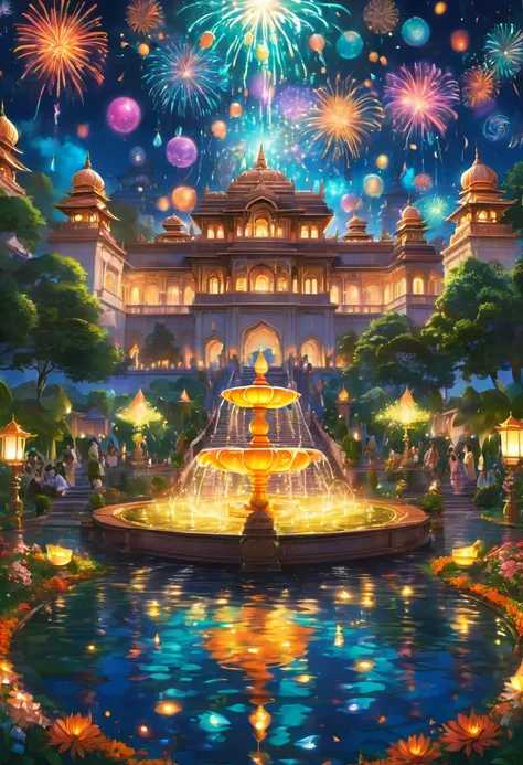 A grand Diwali celebration in an anime-style royal setting, with characters dressed in elegant attire, walking through a garden filled with fountains, lanterns, and glowing diyas. The sky is illuminated by spectacular fireworks, and the palace in the backg...