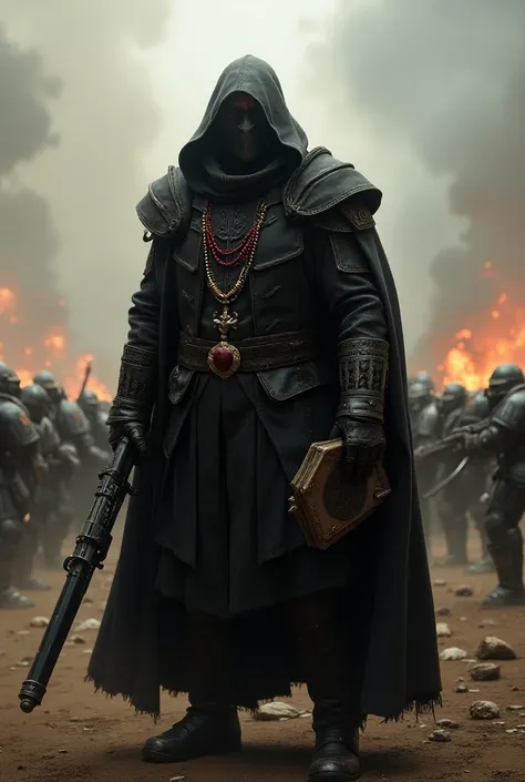 A photorealistic portrait of Gregor Eisenhorn, Imperial Inquisitor from Warhammer 40K, wearing dark inquisitors cloak and rosary with a laser pistol in one hand and a heavily bound tome in the other.  He is standing in the midst of a Chaotic battlefield of...