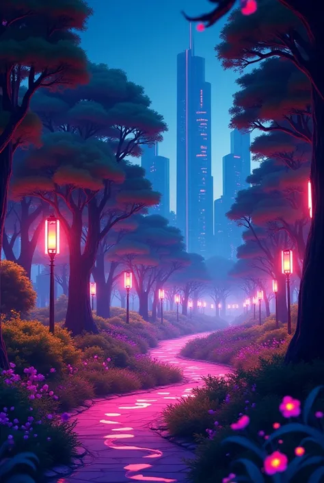 Create an animated, neon style image of a park