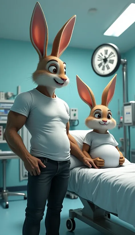 The operation room area and a muscular rabbit in a white t-shirt and black jeans and his pregnant wife Bunny on a wheel bed, the doctor takes him.