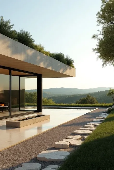 (photo raw) patio fermé dune villa contemporaine en bardage bois vertical, très minimaliste, toiture terrasse végétalisée, avec Un arbre et de la vegetation basse. la villa se trouve dans un paysage avec un léger relief, en Provence, au milieu des champs e...