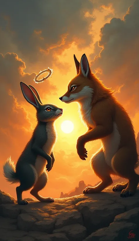 Create an image where a Rabbit (representing a saintly animal) and a Fox (representing a bad animal) are positioned together, both in an aggressive stance and facing each other. Make sure the background complements the intensity of their emotions, perhaps ...