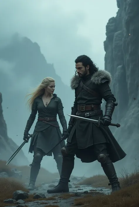 Young Nordic man with black hair,  using two swords next to a blond Norse warrior woman, with an army of the dead following them