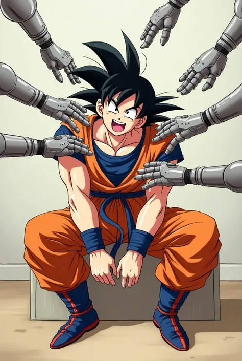 Goku tied with his immovable feet who is tickled underfoot by many robotic hands that tickle his feet and armpits and he laughs 