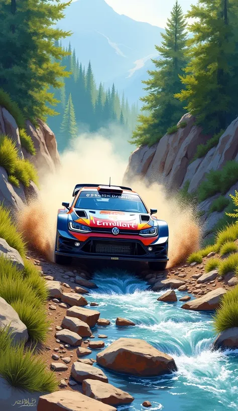  a watercolor painting . a photo of a fast moving offroad racing car. by a rocky stream .. flanked by a grassy green forest ,,
detailed and fullhd image 