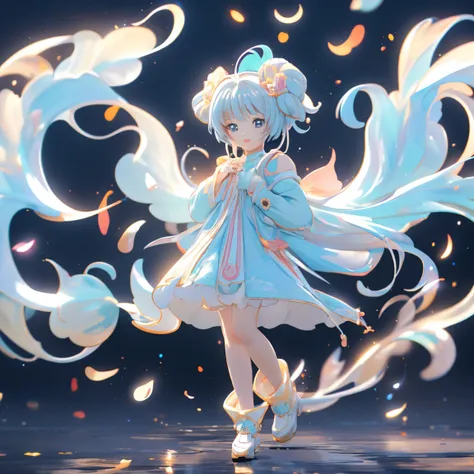 ( anime style:1.4), soft painterly touch 、超 High Resolution ,  Attention to Details, High image quality,  High Resolution , 最High image quality, 4K, 8k, blue luminous clock background 、White Hair Girl、cute, beautiful light effects surrounding the body,donm...