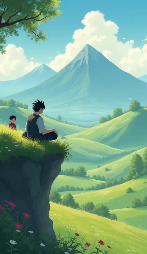 On a quiet cliff, young Sasuke Uchiha sits gazing at distant mountains, surrounded by vibrant meadows and gentle hills. The landscape glows under the soft sunlight, with wisps of clouds dotting the sky. Naruto’s face beams with happiness, his youthful spir...