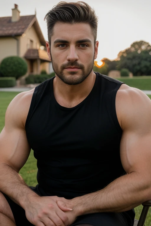 Michele Vittorio macho handsome, black t-shirt, bearded and muscular man, very handsome and manly, intricate, elegant, wearing a tank top, outside a house, laying down on grass, sunset, looking at viewer, . Extremely high-resolution details, photographic, ...