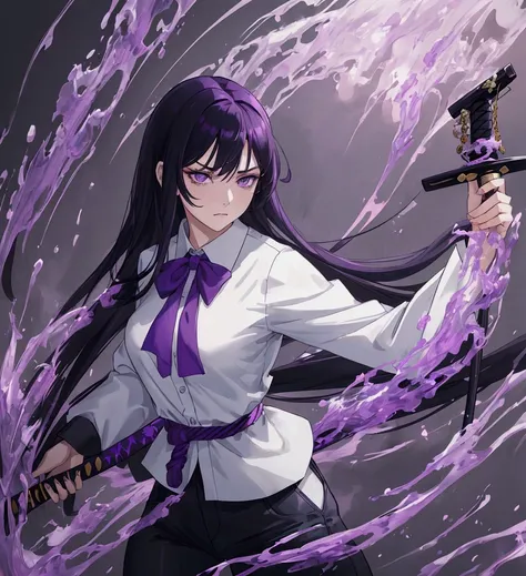 a woman with purple black hair, sad expression, purple eyes, wearing a white shirt and black pants, holding a purple katana, (best quality,4k,8k,highres,masterpiece:1.2),ultra-detailed,detailed portrait,dramatic lighting,dramatic pose,cinematic,moody atmos...