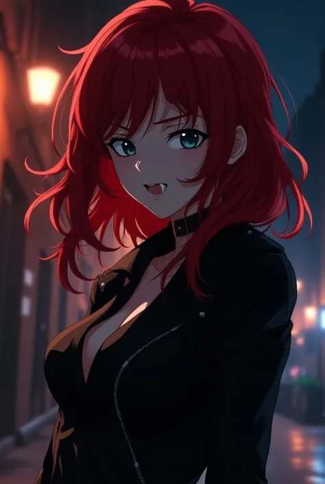 anime character with red hair and a black jacket, with red hair, anime sexy woman, female anime character, 1girl, solo, suoh mikoto, k project, (((vampire))), insanity, malkavian, city in background, (night), smirk, cowboy shot, dynamic lighting, fangs, fa...