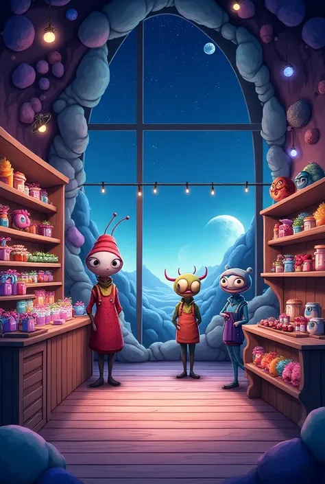 Create an image of a gift shop in animated style and in a galaxy theme