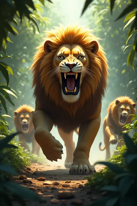 Hungry lion entering the jungle, spreading fear: The lion should appear fierce, prowling into the jungle with sharp eyes and an open mouth, roaring. Animals in the background are hiding or running away, visibly scared. The lion’s golden mane should shine i...