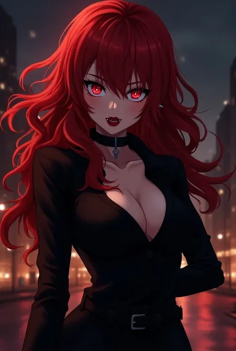 anime character with red hair and a black jacket, with red hair, anime sexy woman, female anime character, 1girl, solo, suoh mikoto, k project, (((vampire))), insanity, malkavian, city in background, (night), smirk, cowboy shot, dynamic lighting, fangs, fa...