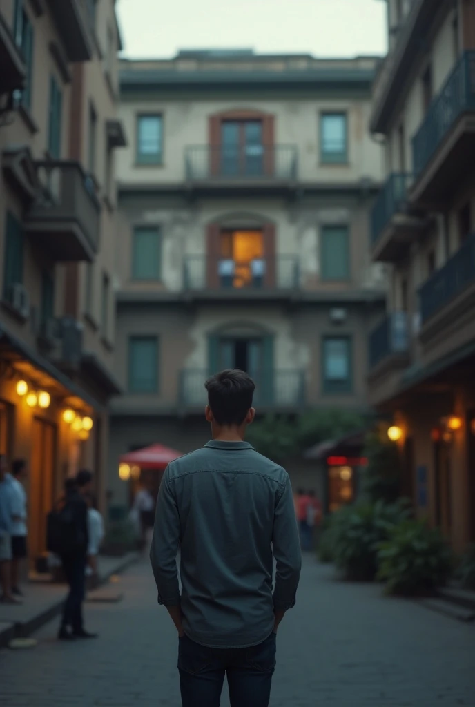 A young man standing in the street looking a girls stand in her house  2nd floor window  4K HD best