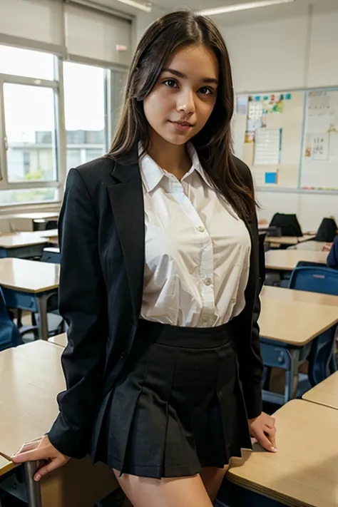 girl, skirt uniform, classroom, on desk, facing us
