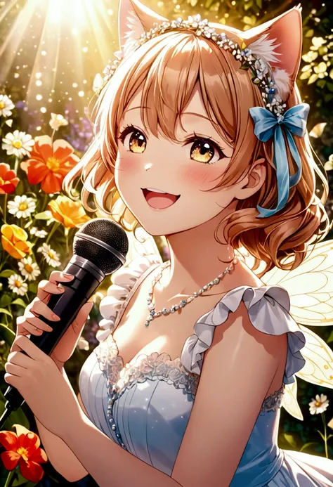 A cat singing with a microphone　Fairy tale world　Flower Garden　masterpiece　Best Quality　 high quality 　lame　Glitter　 high contrast　 photon mapping 　ribbon　Frills　Delicate details　 light leak　happiness　smile　Gorgeous