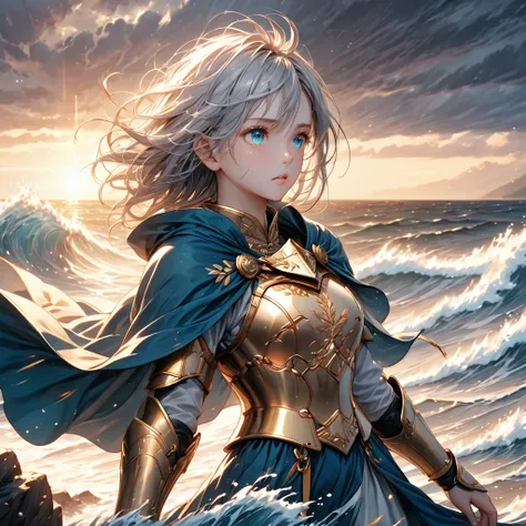 
"(((Masterpiece, ultra quality, hyper-detailed, realistic anime style, SDXL, 8K resolution, cinematic lighting, dynamic shadows, perfect pixel, highly detailed textures))), 1 woman standing on a rocky cliff at dusk. ((Short, messy silver hair)), blowing i...