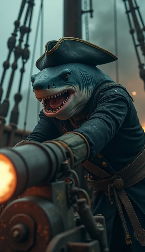  Create a cinematic poster with photorealistic portraits of dressed animals - a ((gordo)) Ferocious adult pirate shark,  hes on the deck of the ship shooting with a cannon from the ship ,   wearing a black pirate costume and a pirate hat, with a serious ex...