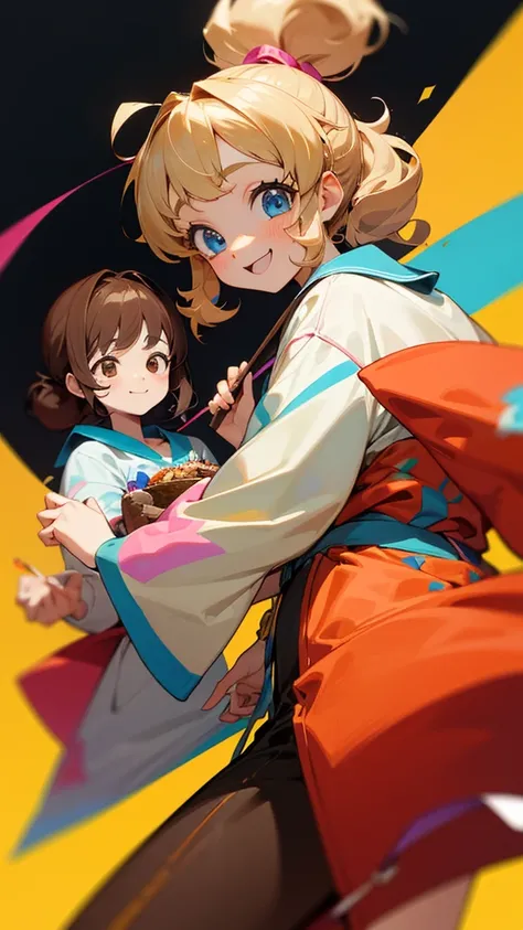 
 High Resolution ,  My sister has blue eyes with a blonde perm ponytail girl、My little sister has brown eyes 、 brown hair perm ponytail girl 、Two Sisters、smile、2人でColorfulソフトクリームを食べる。 wearing a cute ruffle dress 。smile、Colorful
