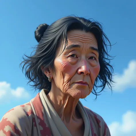 ( best image quality ) Japanese Grandma　Wrinkled　background blue sky　Black Hair