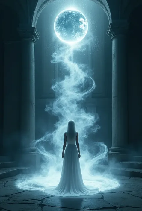 A dark house with a transparent ball of water inside it is a white-haired girl in a long white dress in the middle of the room with waves of white and black energy revolving around her and her side is the same girl but directing the waves 