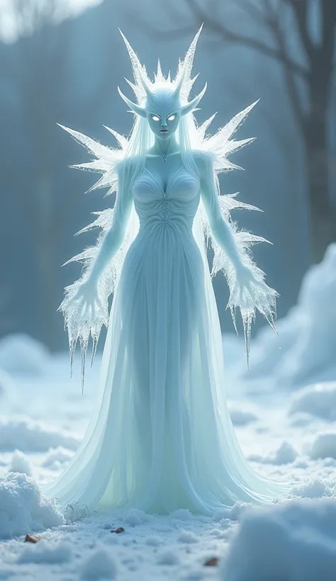 Create a sleek, ghostly demon embodying the spirit of vodka, with translucent, icy-white skin that shimmers like frost. Its body emits a cold mist, and jagged icicles sprout from its back. Its eyes are like glowing ice crystals, sharp and unforgiving. The ...