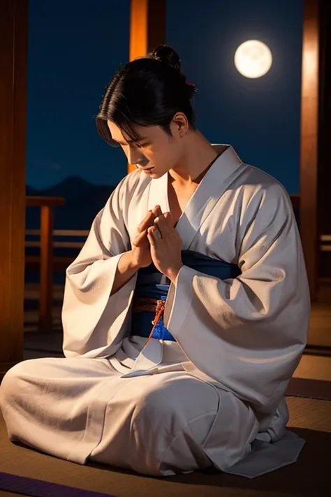 A man in a mysterious and beautiful ancient kimono praying on the night of a full moon