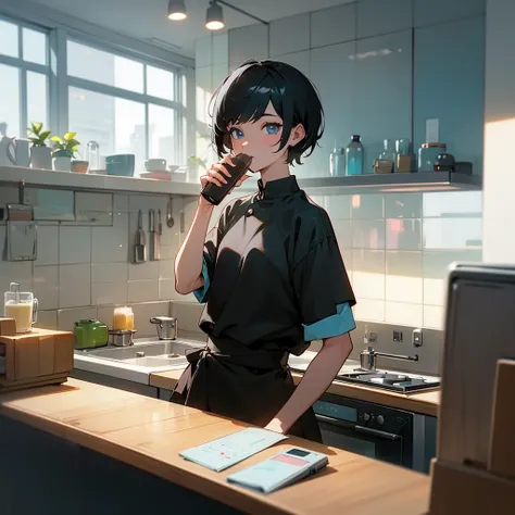 A trendy urban kitchen in 2024 Indonesia, with modern appliances and a stylish countertop. A person drinks coffee from a café and eats toast with avocado. There’s a smartphone next to them on the table, with a food delivery app open. Retina, High Resolutio...