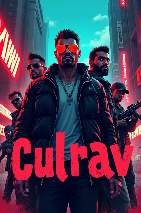 Generate a catchy attractive poster for CULRAV event based on urban punk theme make title in below center and people sign to it urban punk style take inspiration from cyberpunk, GTA, spray style , indian politician, rich gang leaders with guns