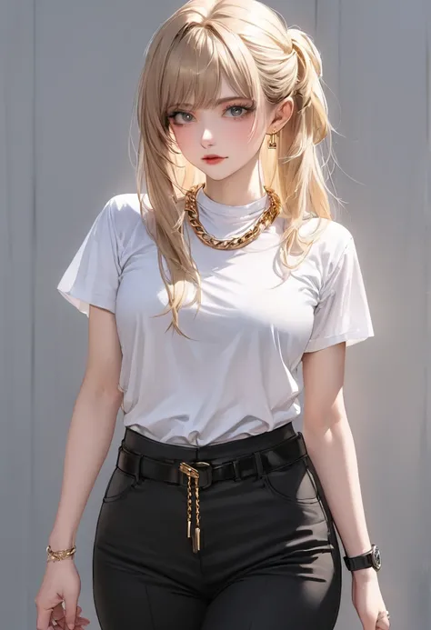 A lady wearing white shirt and black pants,hair like an anime and black Rolex watch and a thick gold chain 