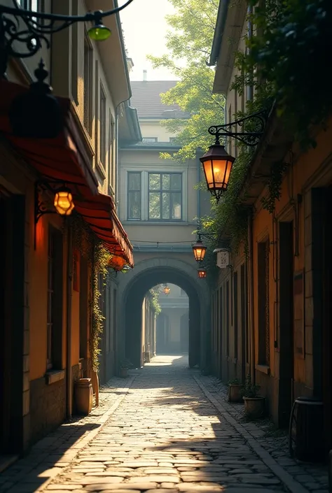 landscape、There is no one、Back Alley、 Wroclaw in Poland 、bright、Daylight shines in 、There are store signs and street lights、 there is a short tunnel leading to the main street