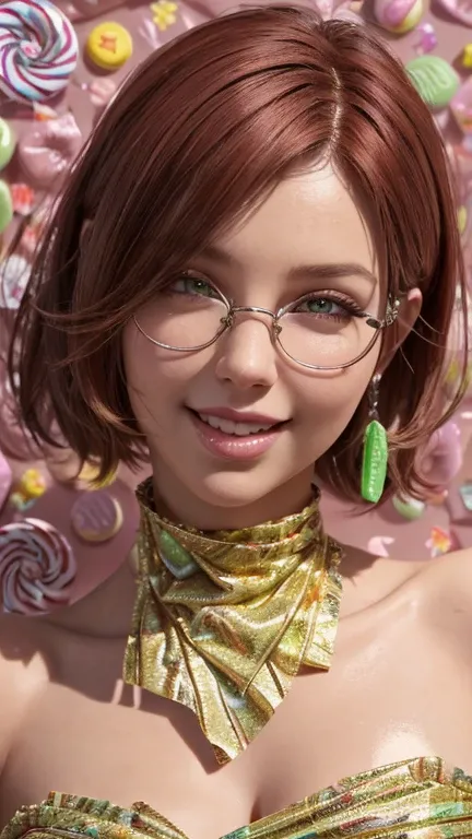 portrait, close-up,  upper body. Short, red hair, green eyes,  metal-framed glasses , green strapless dress, joyful smile, cheerful girl . (masterpiece, top quality,  better quality,  official art , beautiful and aesthetically pleasing:1.2),  is extremely ...