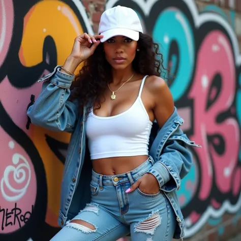 "A high-resolution shot of Eliza, a 21-year-old Latina with a slim, athletic figure, posing confidently against a graffiti-covered wall. She’s dressed in distressed jeans, a tight white tank top, and a denim jacket casually draped over her shoulders, revea...