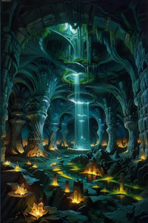 abstract art, ( surrealism ) a surreal scene an underground world, underground city, underworld, below ground. underworld city.