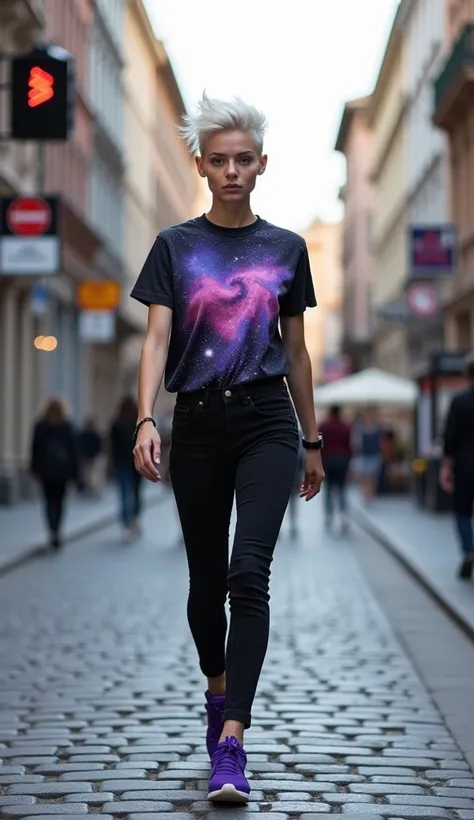 "A beautiful German woman with striking white punk-style hair walks confidently down a European city street. She’s dressed in a galaxy-colored t-shirt, black jeans, and bold purple Adidas sneakers, her entire figure visible as she strides forward. In the b...